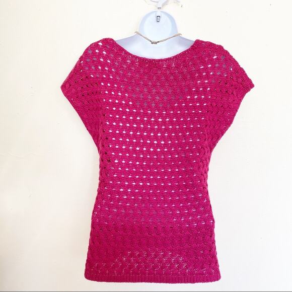 COLDWATER CREEK Fuchsia Crocheted Knit Short Sleeve Sweater, S / 8 - Picture 6 of 9